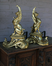 PAIR antique bronze fireplace andirons dragon chimaera figurine statue picture