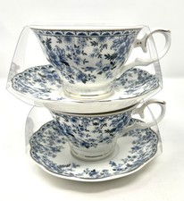 Grace Teaware Set of 2 Blue Floral w/ Gold Accents Teacup & Saucer New picture