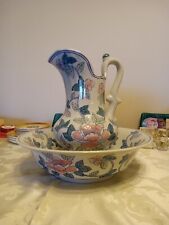 Vintage Antique Porcelain Pitcher and Bowl Wash Basin set, blue,  picture