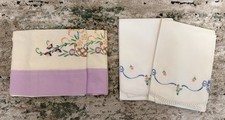 Vintage Set x 2 of Hand Embroidered Pillowcases Flowers Both Different picture