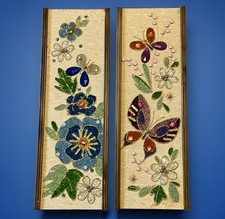 Vtg Gravel Pebble Art Butterflies Mosaic Wall Hanging Decor MCM Set Flowers 1970 picture
