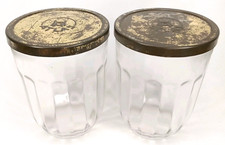 Antique Hazel Atlas Jelly Jar Glass With Gold lMetal Lid Set Of 2 Made In USA picture