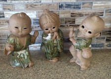 (3) Vtg MCM TOYO Japan Terracotta Ceramic Children Figurine Set Folk Art Green picture