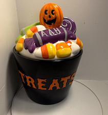 happyhalloween Ceramic Treat Jar Jack-o'-lantern Candy Corn Lid Cauldron 10 in picture