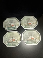 Giftco Currier & Ives Metal Snack trays set of 4 Winter Farm Scene Red Barn picture