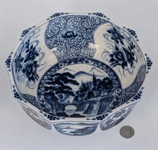 Large 9” Vintage Japanese Blue White Porcelain Bowl Floral Village Signed picture