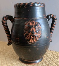 VTG. Roman Revival Style Black/Orange Molded Face Vase/Planter w/Spiral Handles  picture