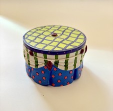 Two’s Company Round Painted Trinket Box w/ Lid Blue Green Polka Dot Pattern picture