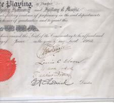 NEW ENGLAND CONSERVATORY MUSIC DIPLOMA,VELLUM 1902,FLORA LUCY STONE,PIANO-FORTE picture