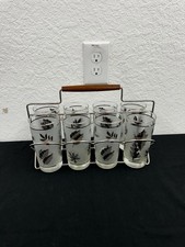 Vtg Mid Century Libbey Set of 8 Frosted Silver Leaf 12 Oz Glasses W Carrier MCM picture