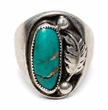 Native American Sterling Silver Turquoise Cabochon Leaf Feather Ring Size 9 picture