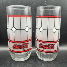 Vtg Pair of 2 Libbey Coca Cola Frosted Stained Glasses Tiffany 16 oz Tumbler picture