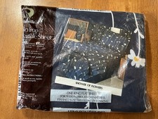 Vtg Danville by Dan River King Flat Sheet Navy Daisy Floral Non Iron 70’s MCM picture