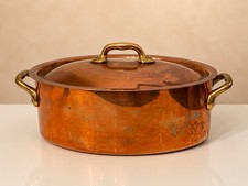 Vintage French Copper Oval Casserole Cocotte Lid Brass Handles Made France picture