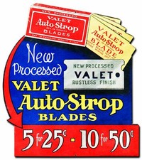 VALET AUTO STROP BLADES HEAVY DUTY USA MADE METAL GENERAL STORE ADVERTISING SIGN picture