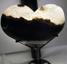 Polished Heart-Shaped Crystal Stone Display Specimen on Black Metal Stand picture