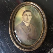 Antique gentleman picture oval wooden frame with flowers bubble glass 23”x17” picture