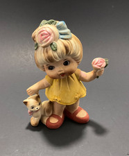 Vintage Porcelain Norleans Girl in Yellow Dress w/ Cat Figurine Made in Japan 4” picture