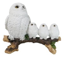 Ebros White Owl Perching On Tree Branch With 3 Baby Owlets Statue 10.25