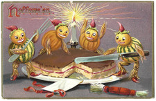 Atq Tuck's #150 Halloween Postcard Embossed Veggie People Cake Party Unposted picture