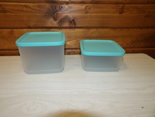 Tupperware Basic Bright 2pc Set Square Food Storage Containers Sheer Aqua Lids picture