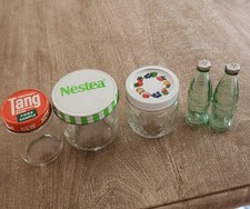 SET OF 4 VINTAGE GLASS ITEMS-TANG, NESTEA  & JAM JARS & COCA-COLA S/P SHAKERS picture