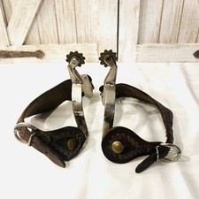 Vintage Western Cowboy Riding Spurs Tooled Leather Straps Brass Rowels picture