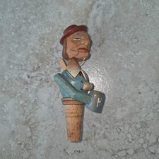 Vintage Made In Germany Man Bottle Stopper - Hand Carved Painted Wood - 6