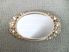 Vintage Florenza Jeweled Mirror Small Vanity Tray Faux Pearl Rhinestone Flowers picture