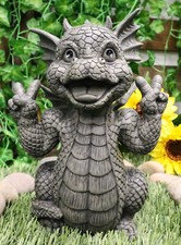 Ebros Whimsical Garden Dragon with Hippie Peace Sign Gesture Statue 10.5