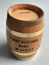 First National Bank in Harvey Genuine Oak Wood Whiskey Barrel Bank 6