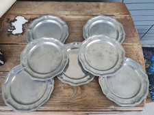 1800s German Pewter Plate Set Of 7 Scalloped 9 Inch Matching Plates Angel Mark picture
