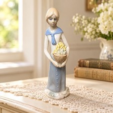 Vintage Japan Girl Holding Yellow Flower Basket Figurine Blue Gray Dress Ceramic picture
