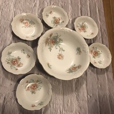 Antique Lot of 7 Bowl Porcelain Dishes - Pink Rose - Gold Rim Trim picture