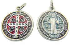 Saint St Benedict Medal 7/8 Inch Silver Tone Brown and Red Enamel Pendant picture