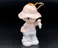 Precious Moments Vintage Boy Figurine with Hat & Fish Christmas Gift Collectible picture