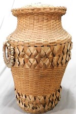 Antique Penobscot Wabanaki Ash Splint Lidded Basket Vase Maine c1900 Polychrome picture