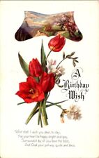 vintage postcard - A BIRTHDAY WISH  red tulips poem & countryside unposted picture