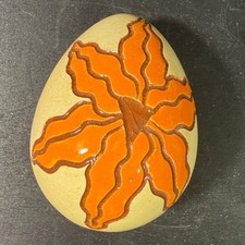 Signed RR PA Studio Art Pottery Ceramic Egg Orange Flower Crackle Glaze picture