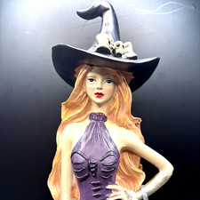 Bella Lux Witch Figurine, Purple Gothic Dress Skeleton Cat, 16