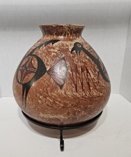 Vintage SW Polychrome Pottery Vase Ornate Rain Bird Design Amphora picture