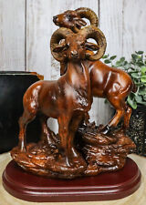Rustic Country Bighorn Sheep Ram Family On Rock Faux Mahogany Wood Figurine picture