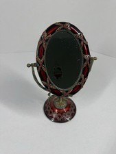 Vintage retro desktop tabletop brass makeup mirror red rhinestone and enamel picture