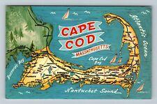 Cape Cod MA-Massachusetts, General Greeting, Road Map, Ocean, Vintage Postcard picture