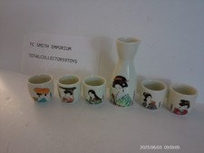Vintage Japanese Sake Set Geisha Crackle Glaze Tokkuri  W/ 5 Cups Japan picture