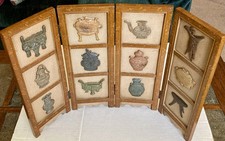 Asian Four Panel Wall Hanging 17” x 25” Tabletop Screen Carved Soapstone Symbols picture