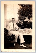 Vtg B&W Snapshot Handsome Young Man White Suit Flowers Accordion Interior 1930s picture
