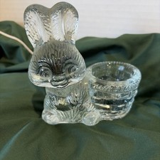 Vintage Clear Pressed Glass Bunny Rabbit w/ Basket Candy Toothpick Holder picture