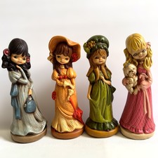 Vintage Big Eyed Girl Chalkware Figurines Set of 4 MCM Kitsch 1970s Shelf Decor picture