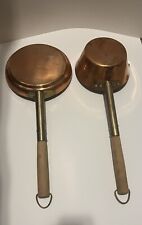 2 Vintage Handmade Copper Frying Pan 8.5 Inch and Pot 7.5 In Brass & Wood Handle picture
